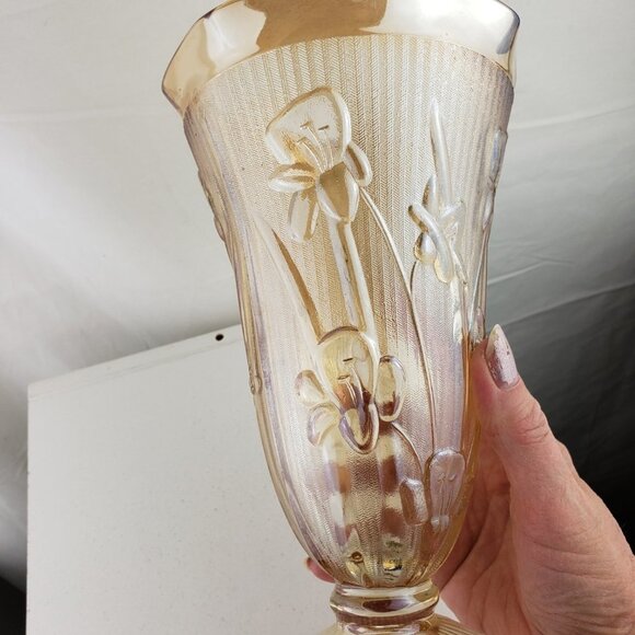 Vtg Jeanette Iridescent Carnival Glass Footed Vase - Picture 4 of 5
